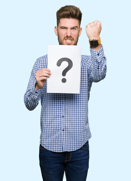 Young Handsome Man Holding Paper Question Mark Annoyed Frustrated Shouting — Stock Photo, Image