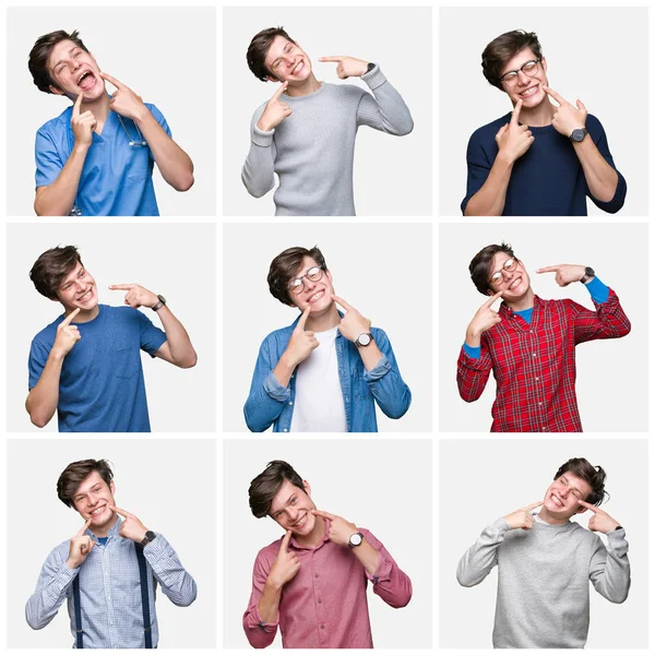 Collage Eines Jungen Mannes Vor Weißem Hintergrund Der Selbstbewusst Lächelt — Stockfoto