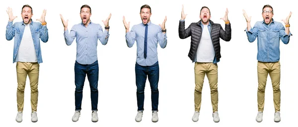 Collage Atractivo Joven Sobre Fondo Blanco Aislado Celebrando Loco Sorprendido —  Fotos de Stock