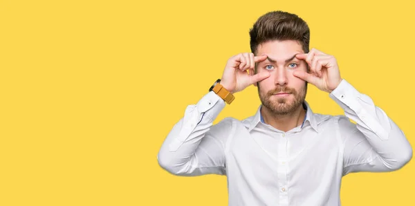 Young Handsome Business Man Trying Open Eyes Fingers Sleepy Tired — Stock Photo, Image