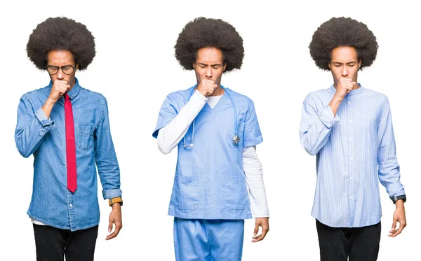 Koláž Mladého Muže Afro Vlasy Bílé Izolované Pozadí Pocit Nepohody — Stock fotografie