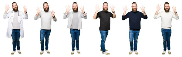 Коллаж Молодого Человека Булочкой Белом Изолированном Фоне Показывая Показывая Пальцами — стоковое фото