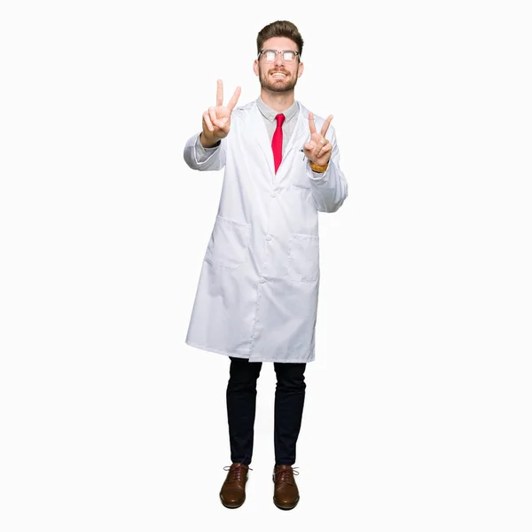 Young Handsome Scientist Man Wearing Glasses Smiling Looking Camera Showing — Stock Photo, Image