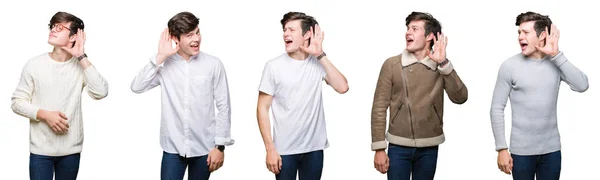 Колаж Молодої Людини Над Білим Ізольованим Тлом Посміхаючись Рукою Над — стокове фото