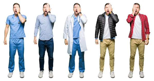 Koláž Atraktivní Mladý Muž Bílém Samostatný Pozadí Yawning Unavený Pokrývá — Stock fotografie