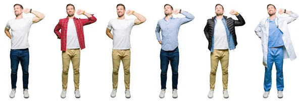 Collage Van Aantrekkelijke Jonge Man Witte Geïsoleerde Achtergrond Stretching Terug — Stockfoto