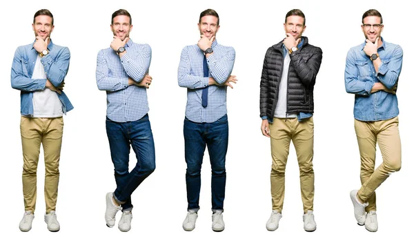 Collage Attractive Young Man White Isolated Background Looking Confident Camera — Stock Photo, Image