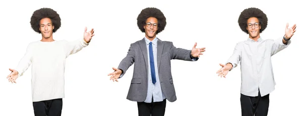 Colagem Jovem Com Cabelo Afro Sobre Fundo Isolado Branco Olhando — Fotografia de Stock