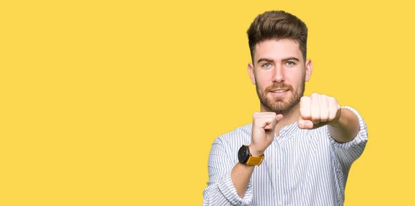 Young Handsome Man Punching Fist Fight Aggressive Angry Attack Threat — Stock Photo, Image