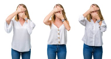 Güzel sarışın kadın beyaz izole yüzünden kolaj kapsayan gözleri arka plan ve şaşırttı ve şok ellerle ağız. Duygu gizleme