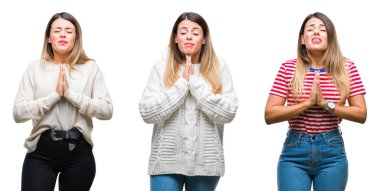 Kolaj yalvarıyor ve umut ifade yüzünde çok duygusal ve endişe ile birlikte elleriyle dua izole arka plan üzerinde genç güzel kadın. Bağışlanmak. Din kavramı.