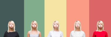 Komik surat ile yanakları şişirme vintage izole arka plan güzel sarışın kadın kolaj. Ağız ile hava, deli ifade şişirilmiş.