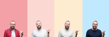 Seyir ve başparmak yanında işaret mutlu yüz ile gülümseyen izole renkli çizgili arka plan üzerinde sakallı genç adam kolaj.