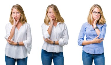 Güzel sarışın iş kadın beyaz izole arka plan düşünme seyir yorgun ve bıkkın ile depresyon sorun Çapraz kollar ile kolaj.