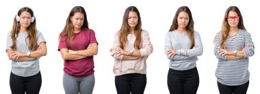 Kolaj izole arka plan şüpheci ve sinir, onaylamayan ifade yüz çapraz kolları olan güzel ve genç birbayan. Negatif kişi.