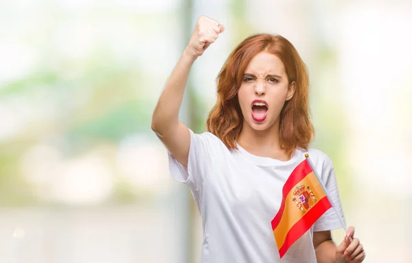 Jeune Belle Femme Tenant Drapeau Espagne Sur Fond Isolé Ennuyé — Photo