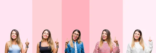 Collage Young Beautiful Woman Pink Stripes Isolated Background Pointing Finger — Stock Photo, Image