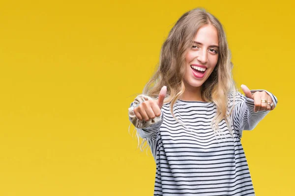 Beautiful Young Blonde Woman Wearing Stripes Sweater Isolated Background Approving — Stock Photo, Image