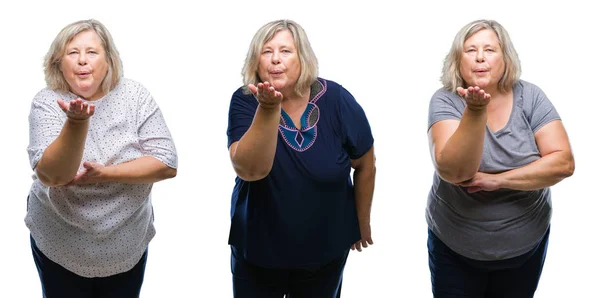 Collage Mujer Gorda Senior Sobre Fondo Aislado Mirando Cámara Soplando —  Fotos de Stock