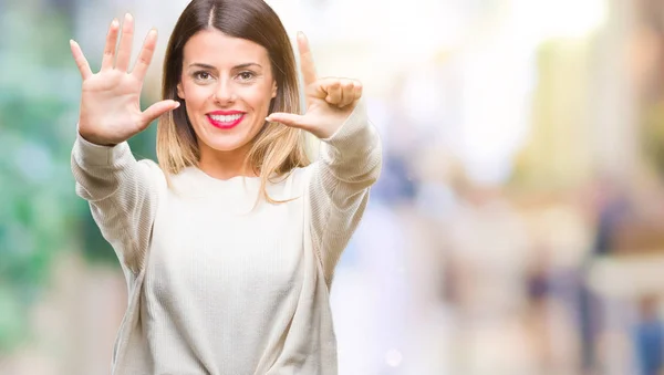 Giovane Bella Donna Casual Maglione Bianco Sfondo Isolato Mostrando Indicando — Foto Stock