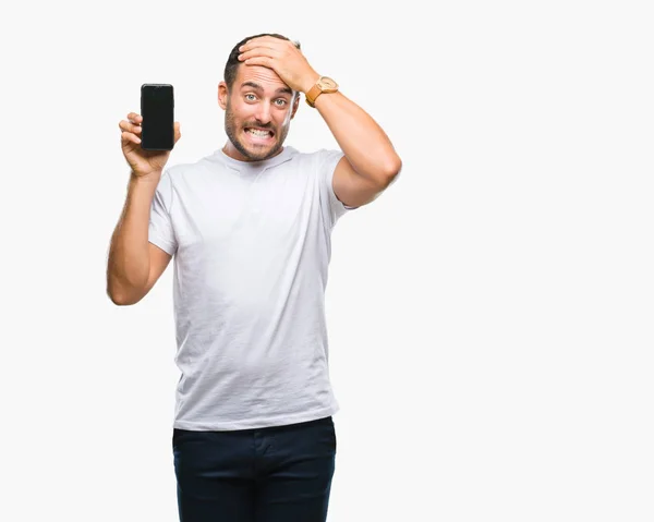 Young Handsome Man Showing Smartphone Screen Isolated Background Stressed Hand — Stock Photo, Image