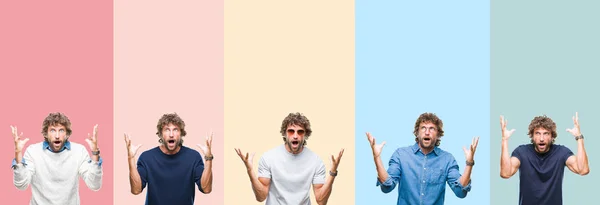 Collage Van Casual Jongeman Kleurrijke Strepen Geïsoleerd Achtergrond Vieren Gek — Stockfoto