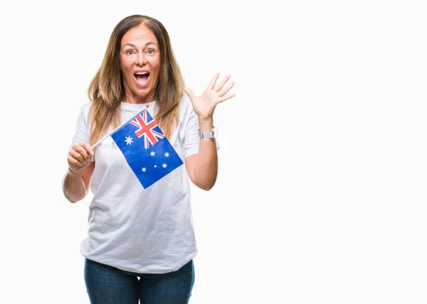 Középkorú Spanyol Holding Ausztrália Zászlaja Elszigetelt Háttér Nagyon Boldog Izgatott — Stock Fotó