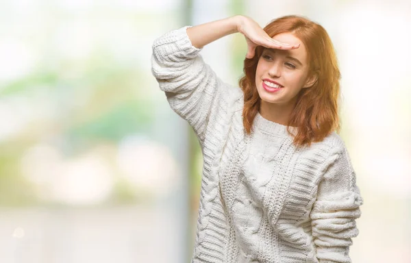 Ung Vacker Kvinna Över Isolerade Bakgrund Vinter Tröja Mycket Glad — Stockfoto