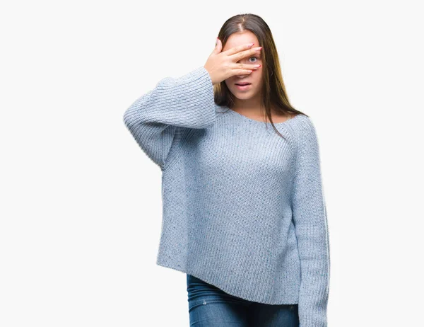 Young Beautiful Caucasian Woman Wearing Winter Sweater Isolated Background Peeking — Stock Photo, Image