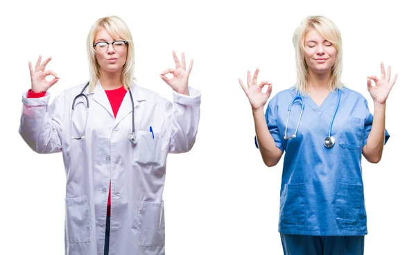 白い孤立した背景の上に医師と看護師の女性のコラージュリラックスし 指で瞑想ジェスチャーを行って目を閉じて笑顔 ヨガのコンセプト — ストック写真