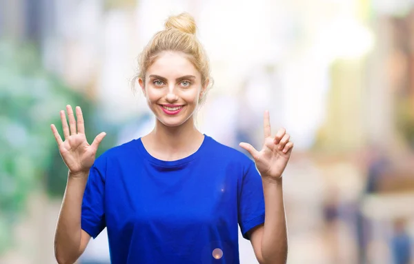 Joven Hermosa Rubia Azul Ojos Mujer Vistiendo Camiseta Azul Sobre — Foto de Stock