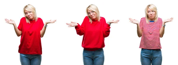 Collage Vacker Blond Kvinna Bär Casual Röd Över Isolerade Bakgrund — Stockfoto
