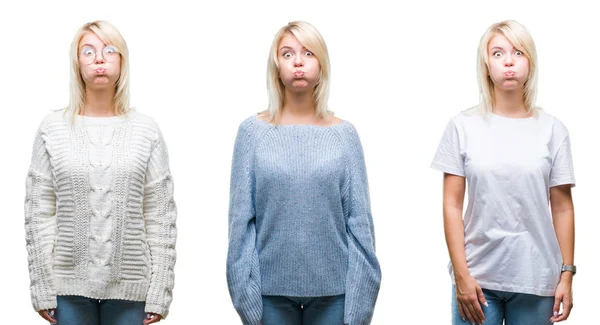 Collage Bella Donna Bionda Che Indossa Maglione Invernale Sfondo Isolato — Foto Stock