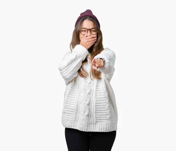 Junge Schöne Brünette Hipsterfrau Mit Brille Und Wintermütze Über Isoliertem — Stockfoto