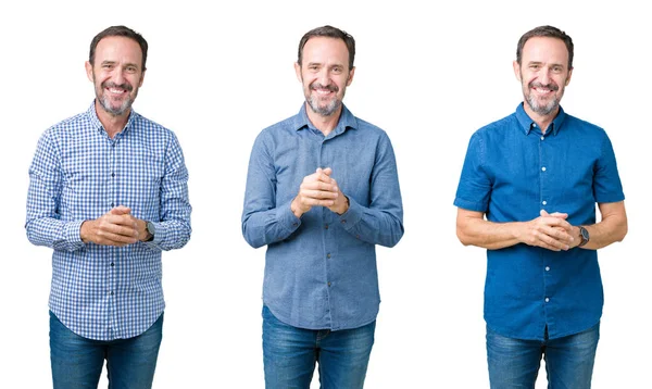 Colagem Homem Sênior Bonito Sobre Fundo Isolado Branco Mãos Juntas — Fotografia de Stock