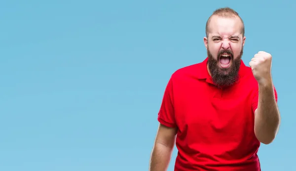 Joven Hombre Hipster Caucásico Con Camisa Roja Sobre Fondo Aislado —  Fotos de Stock