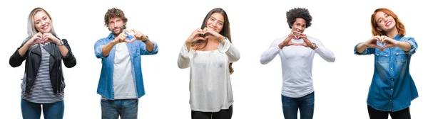Kolaj Grup Aşık Kalp Simgesi Elleriyle Şekil Gösteren Gülümseyen Izole — Stok fotoğraf