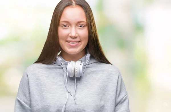 Νεαρός Φοιτητής Όμορφο Καυκάσιος Γυναίκα Που Φοράει Ακουστικά Πέρα Από — Φωτογραφία Αρχείου