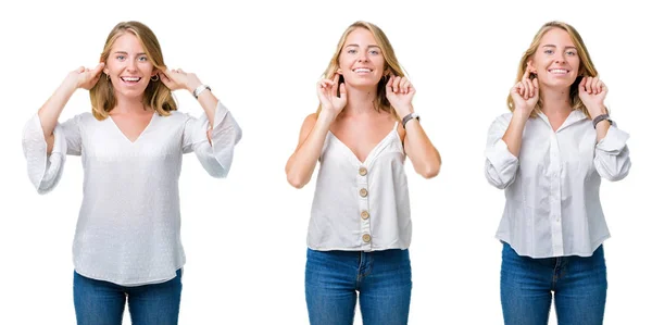 Collage Beautiful Blonde Woman White Isolated Background Smiling Pulling Ears — Stock Photo, Image