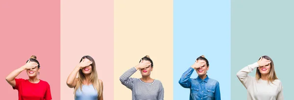 Collage Van Jonge Mooie Vrouw Kleurrijke Vintage Strepen Geïsoleerde Achtergrond — Stockfoto