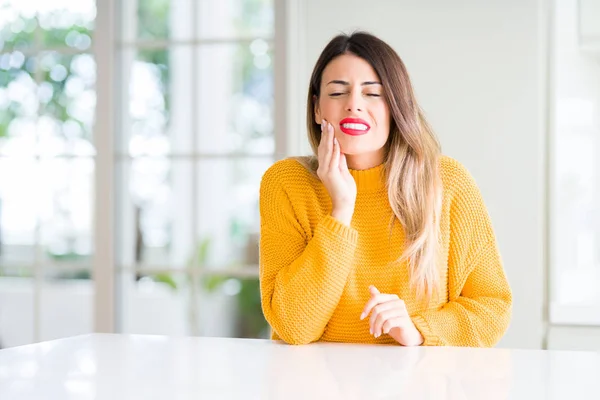 Young Beautiful Woman Wearing Winter Sweater Home Touching Mouth Hand — Stock Photo, Image