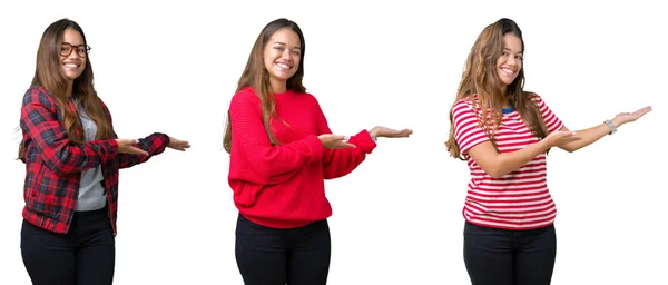 Collage Hermosa Joven Sobre Fondo Aislado Invitando Entrar Sonriente Natural —  Fotos de Stock