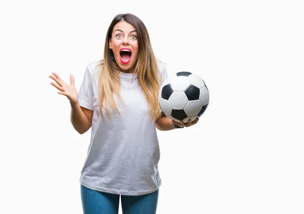 Junge Schöne Frau Hält Fußball Über Isoliertem Hintergrund Sehr Glücklich — Stockfoto