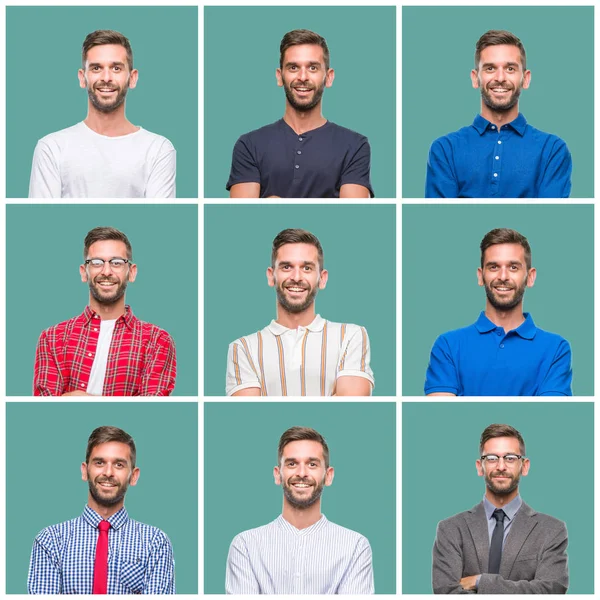 Collage Joven Guapo Sobre Fondo Verde Aislado Cara Feliz Sonriendo — Foto de Stock