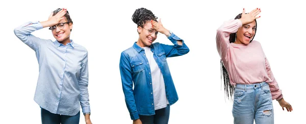 Колаж Красивого Плетеного Волосся Афроамериканської Жінки Над Ізольованим Тлом Здивований — стокове фото