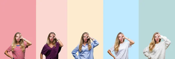 Collage Belle Jeune Femme Sur Fond Isolé Rayures Colorées Faisant — Photo