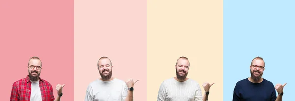 Colagem Jovem Com Barba Sobre Listras Coloridas Fundo Isolado Sorrindo — Fotografia de Stock