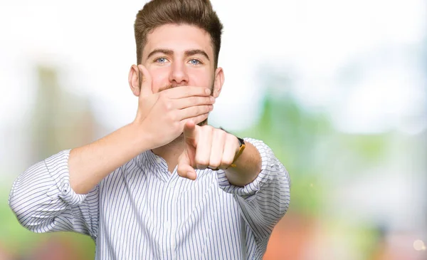 Young Handsome Man Laughing You Pointing Camera Finger Hand Mouth — Stock Photo, Image