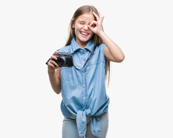 Junge Schöne Mädchen Die Fotos Mit Vintage Kamera Über Isoliertem — Stockfoto