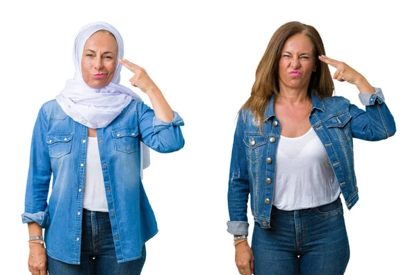 Collage Van Mooie Middenleeftijd Arabische Vrouw Geïsoleerd Background Schieten Doden — Stockfoto